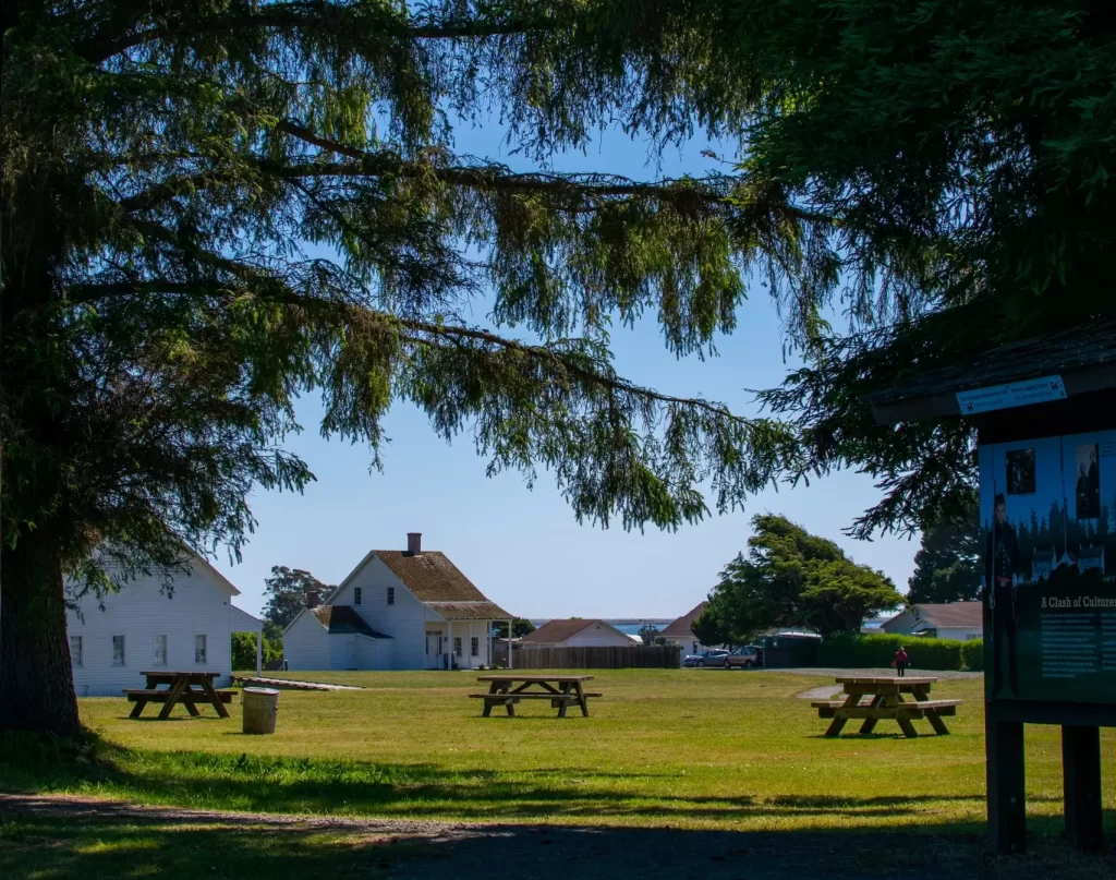 picnic benches with some houses and trees